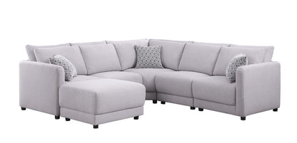 Penelope Linen Fabric Reversible L-Shape Sectional Sofa with Ottoman and Pillows -  Light Gray