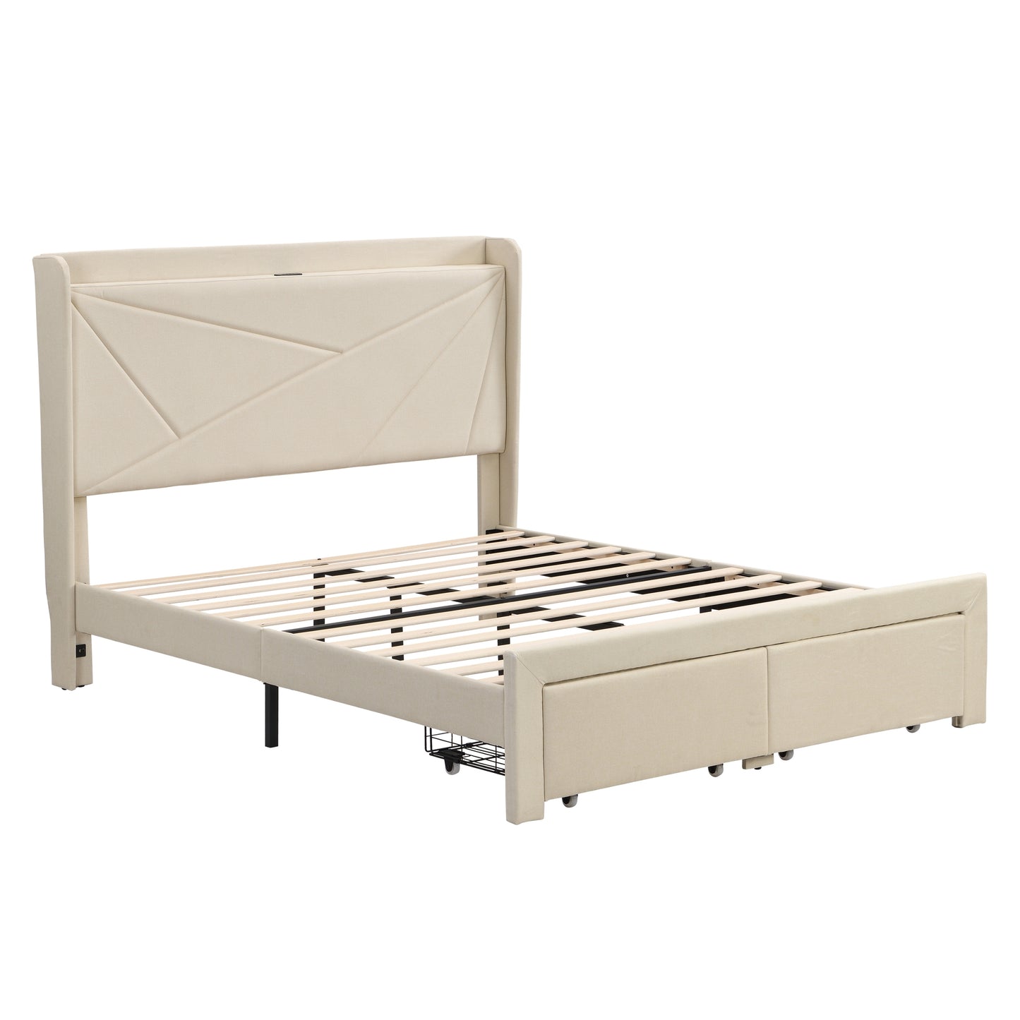 Craven Queen Size Bed Frame with 2 Storage Drawers - Beige