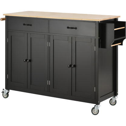 Granite Kitchen Island Cart with Solid Wood Top and Locking Wheels - Black