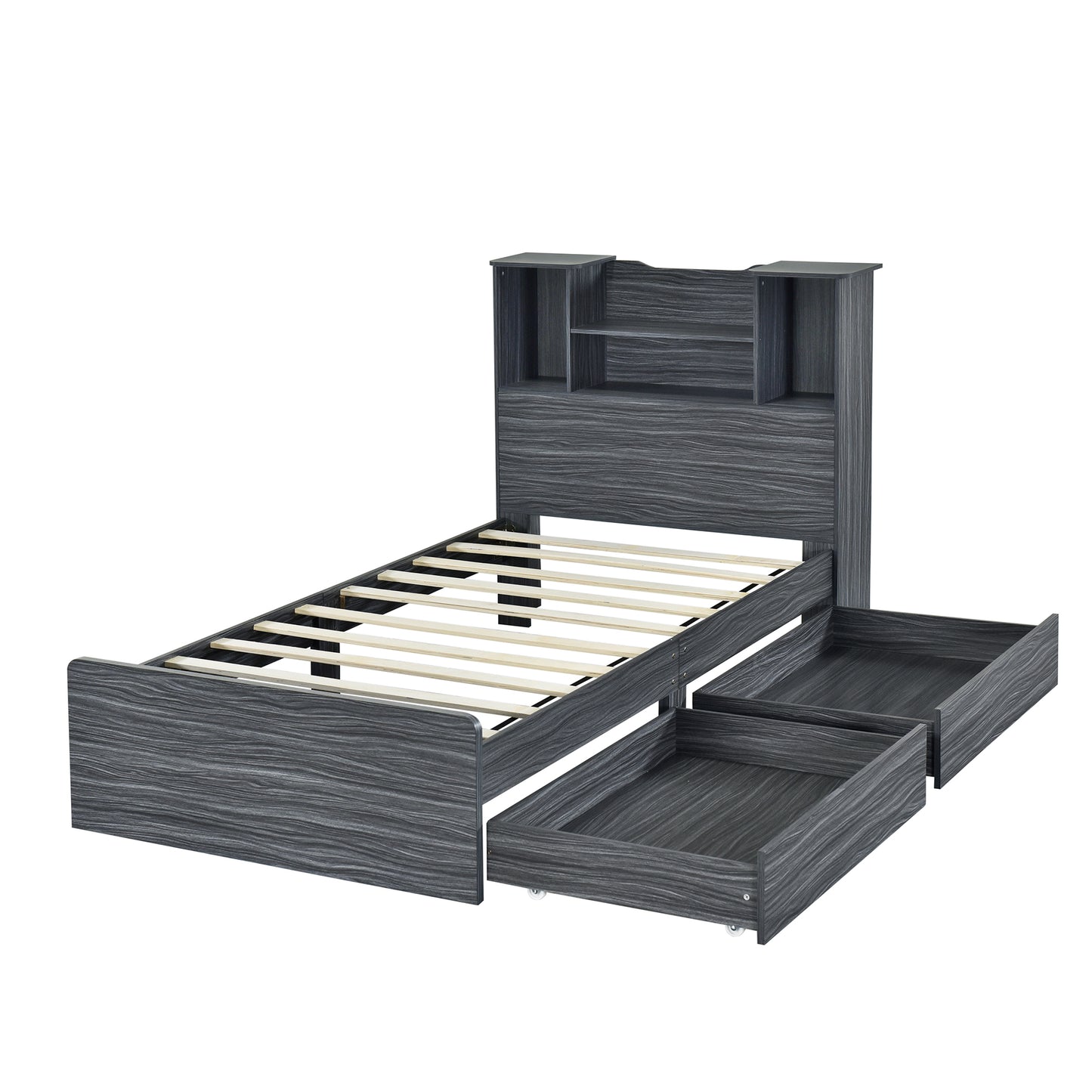 Taz Twin Size Platform Bed Frame with 4 Open Storage Shelves - Gray