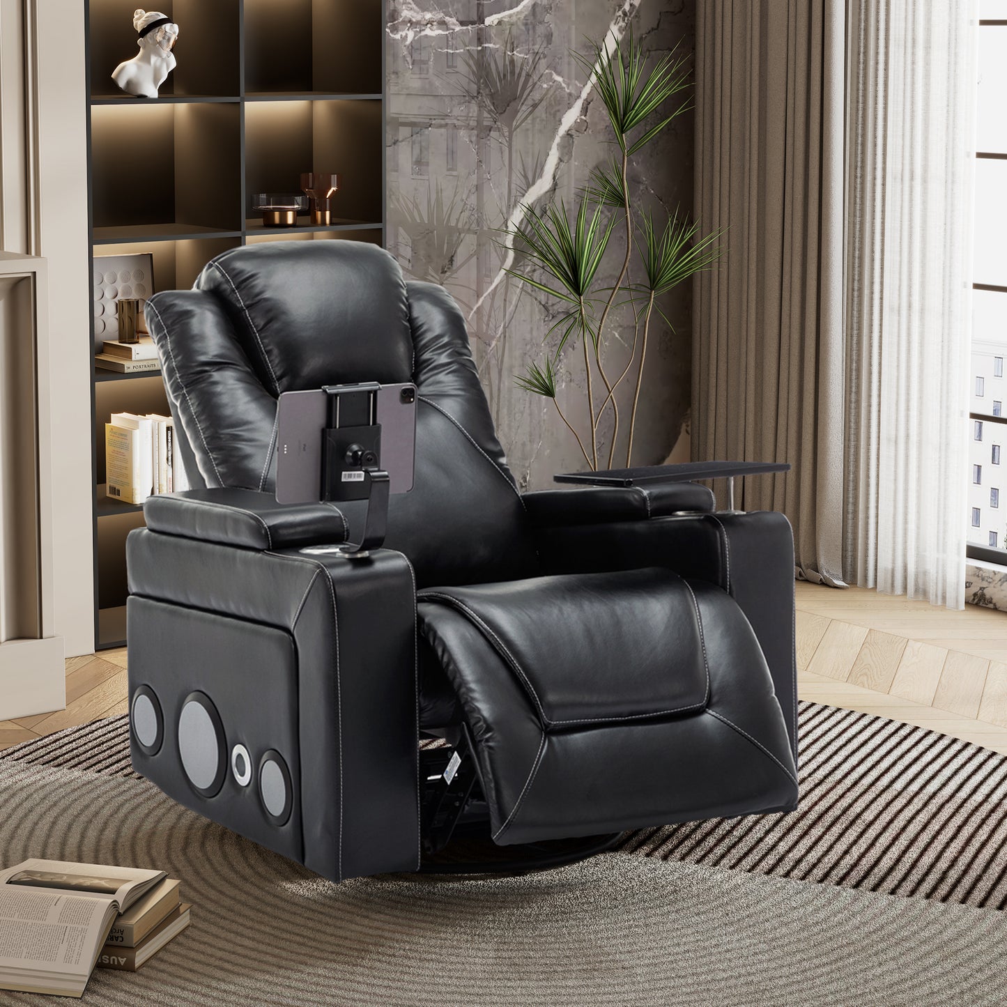 Otto PU Leather Power Recliner r with Surround Sound -Tray Table - Black