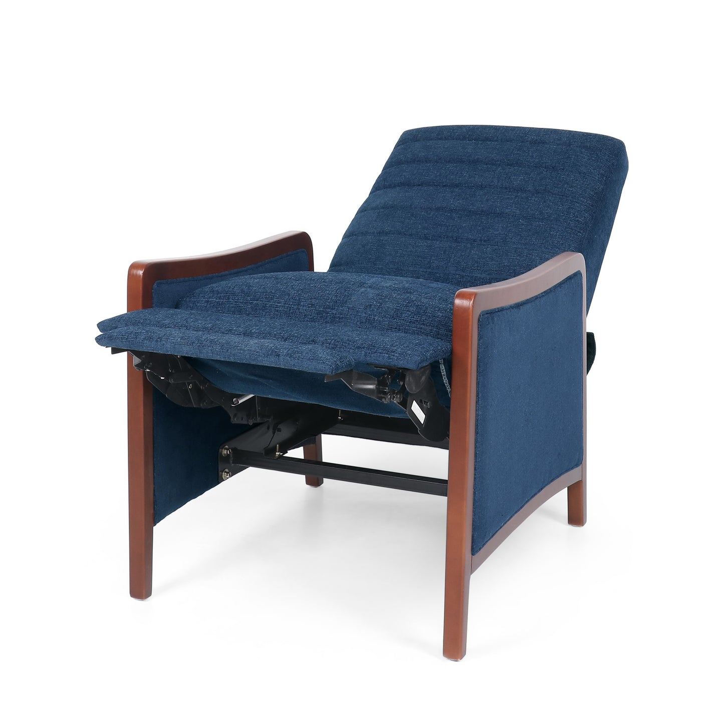 Mid Century Modern Fabric Channel Stitch Wood Pushback Recliner - Navy Blue