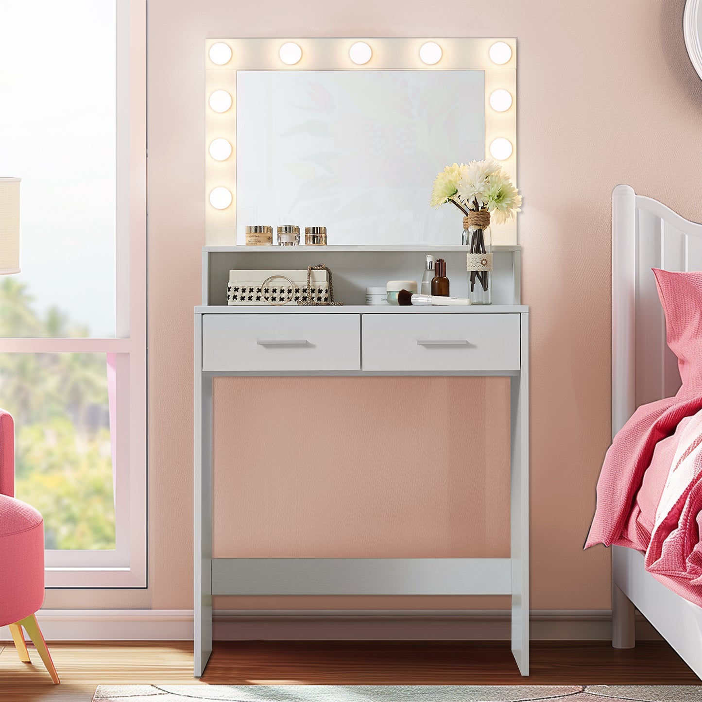 Neve Vanity Desk with Mirror and Lights - White