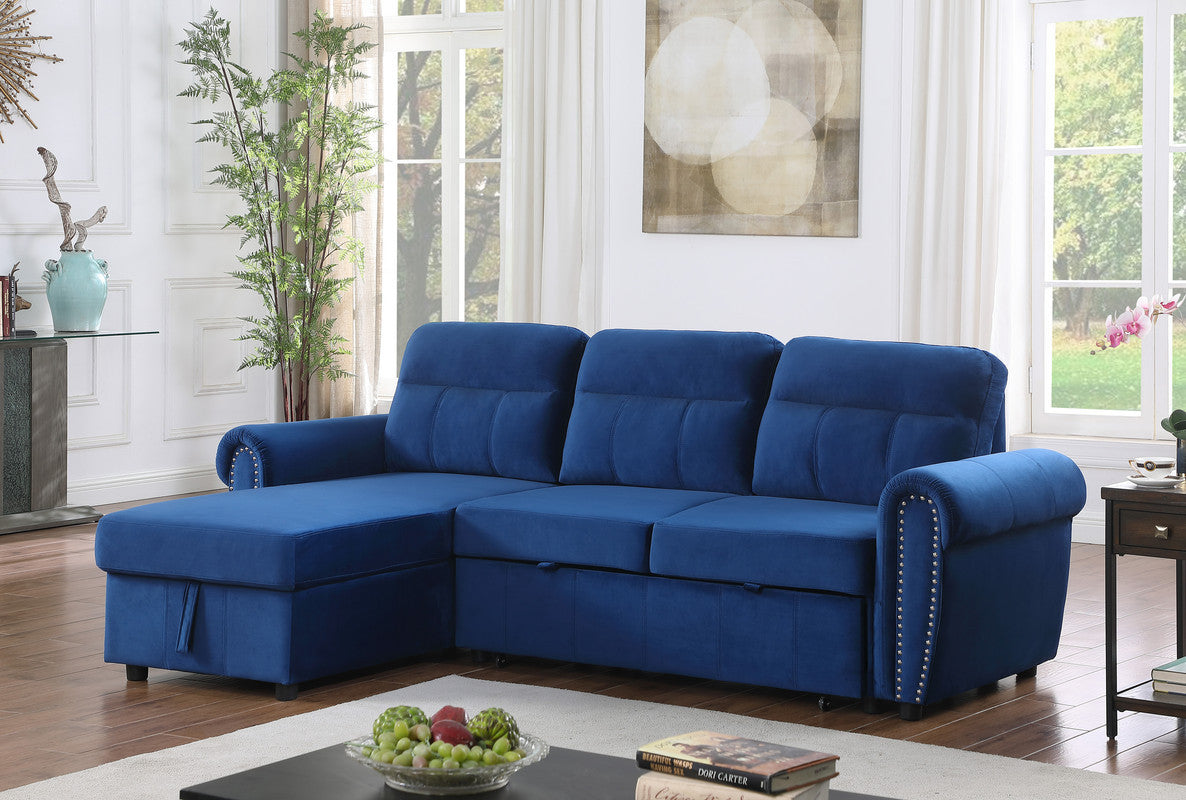 Ashton Velvet Fabric Reversible Sleeper Sectional Sofa Chaise - Blue