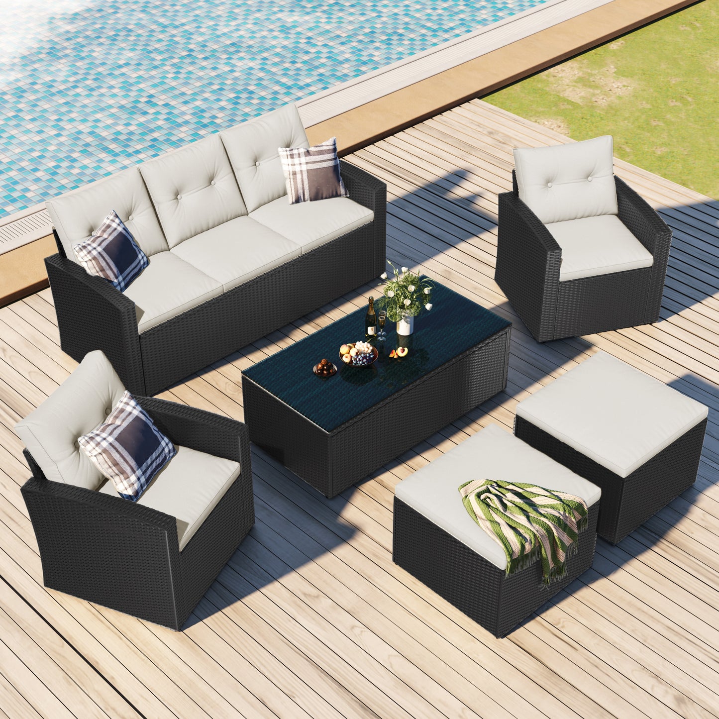 Prado 6 Pc PE Rattan Outdoor Patio Furniture Set - Beige