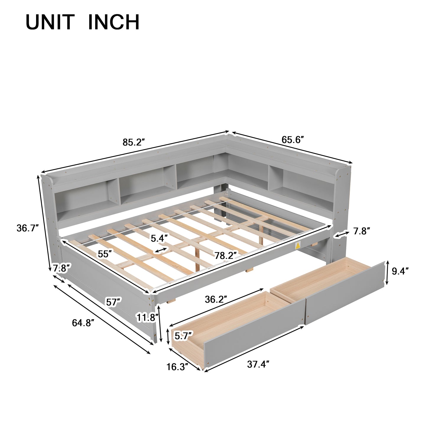 Parker Full Size Daybed with Bookcases -Drawers - Gray