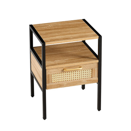 Rattan End table with  drawer Modern nightstand - Natural