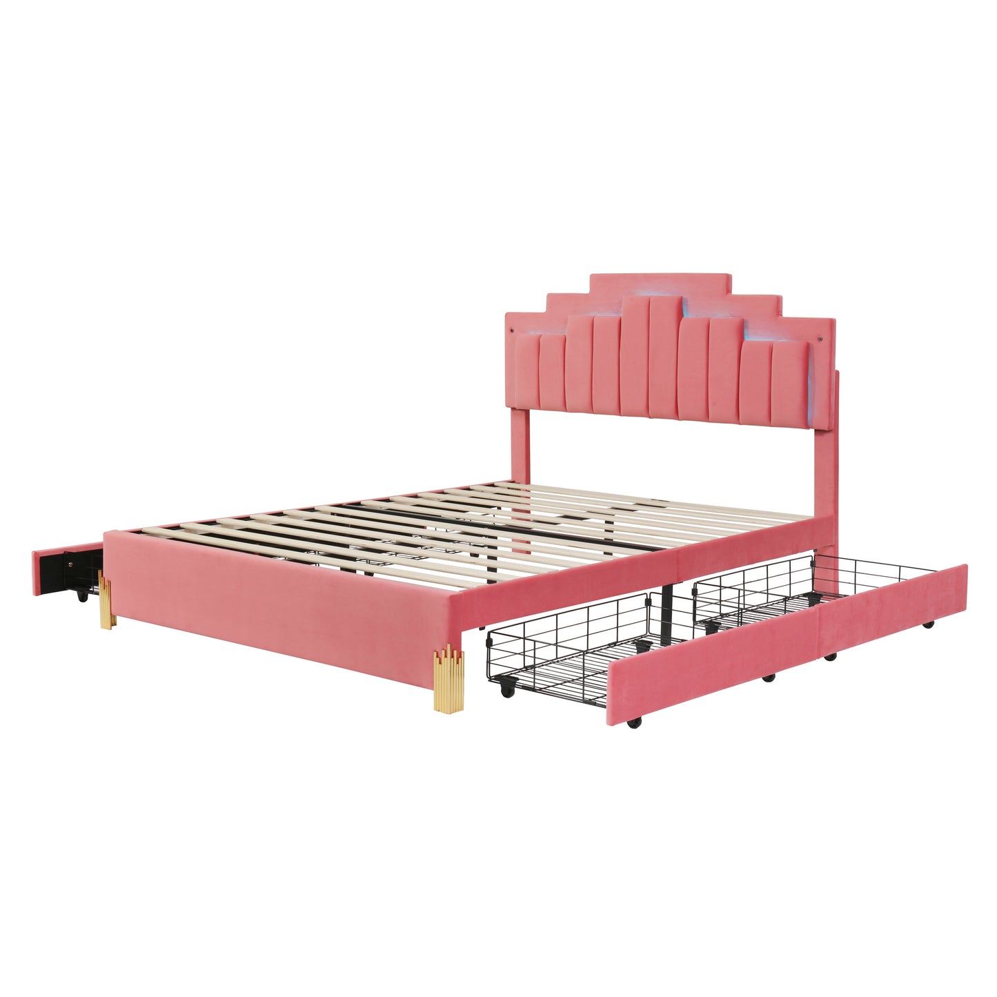 Neco Queen Size Platform Bed with LED and 4 Drawers - Pink