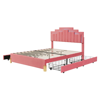 Neco Queen Size Platform Bed with LED and 4 Drawers - Pink