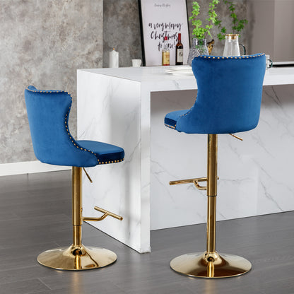 Stellar Golden Swivel Velvet Barstools Adjusatble Height - Blue  Set of 2