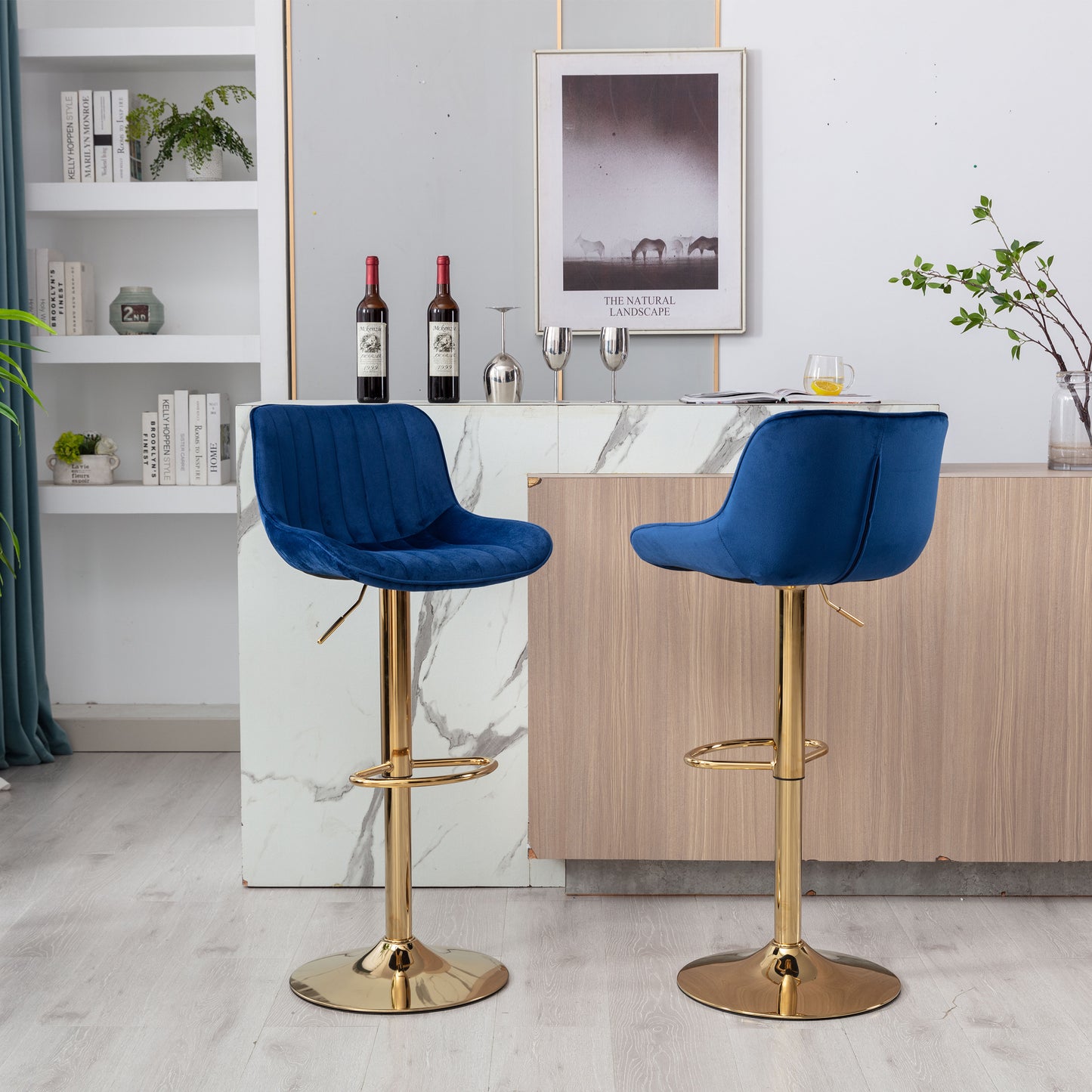 Stramline Adjustable Velvet + Golden Leg Bar Stool - Blue Set of 2