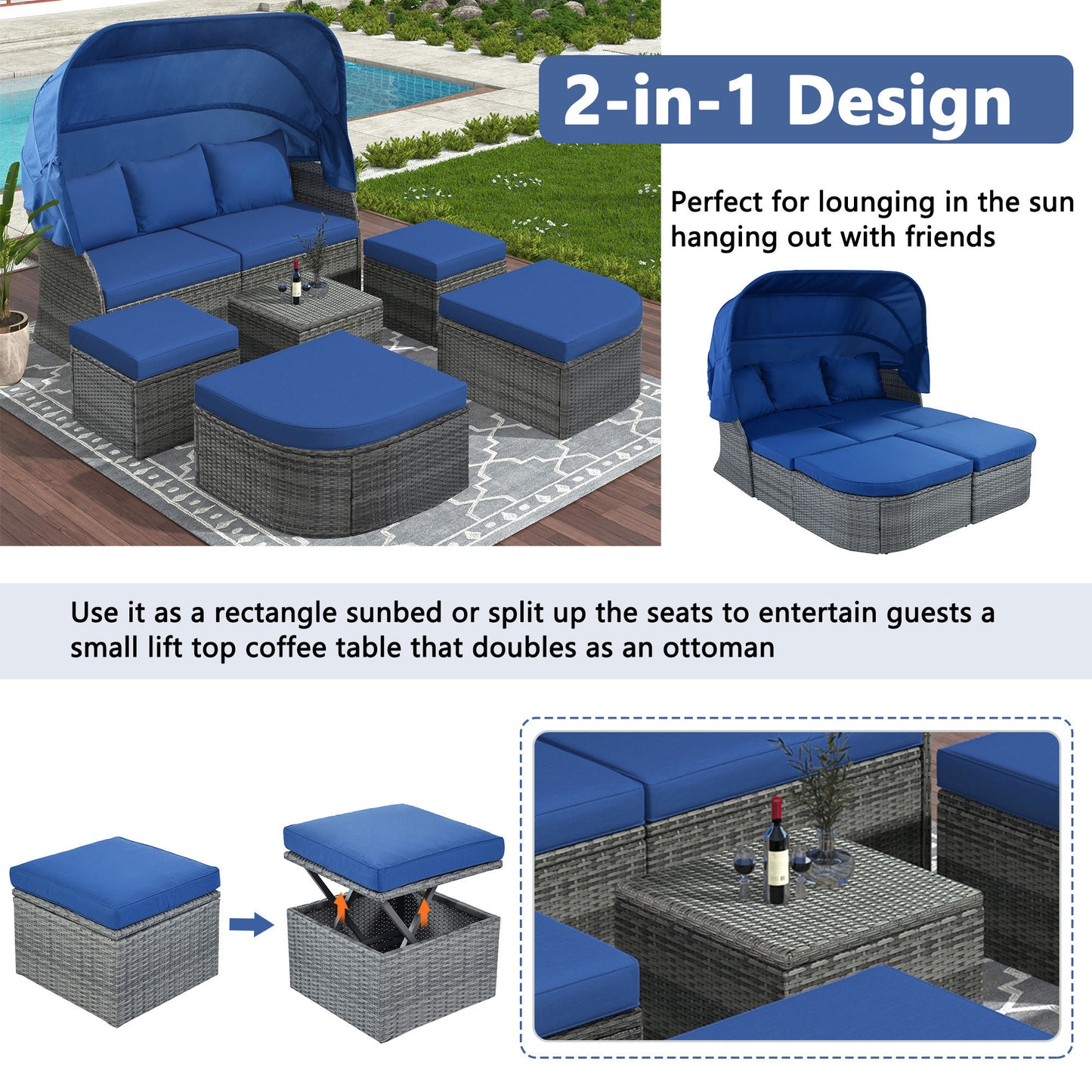 Zella Outdoor Daybed with Retractable Canopy Set - Blue