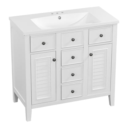 Bathroom Vanity with Ceramic Basin, Two Cabinets and Five Drawers - White