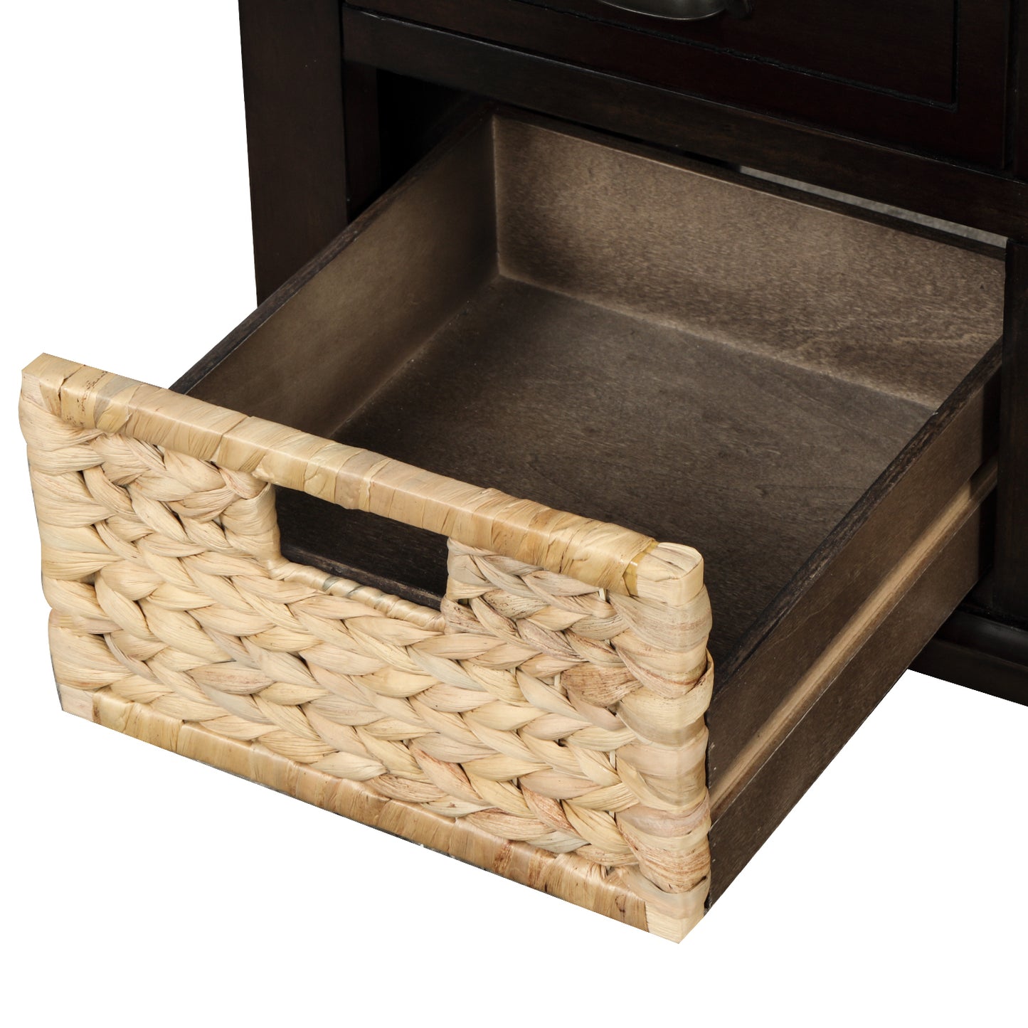 Rustic Storage Bench with 3 Drawers and 3 Rattan Baskets - Espresso