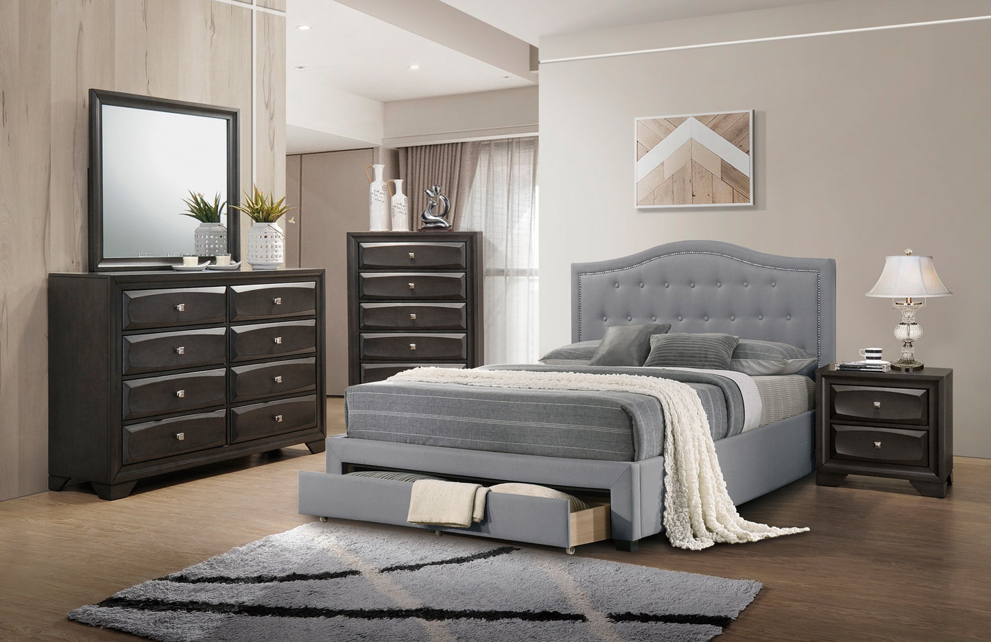 Imani Queen Size Bed w Drawer Button Tufted - Light Grey