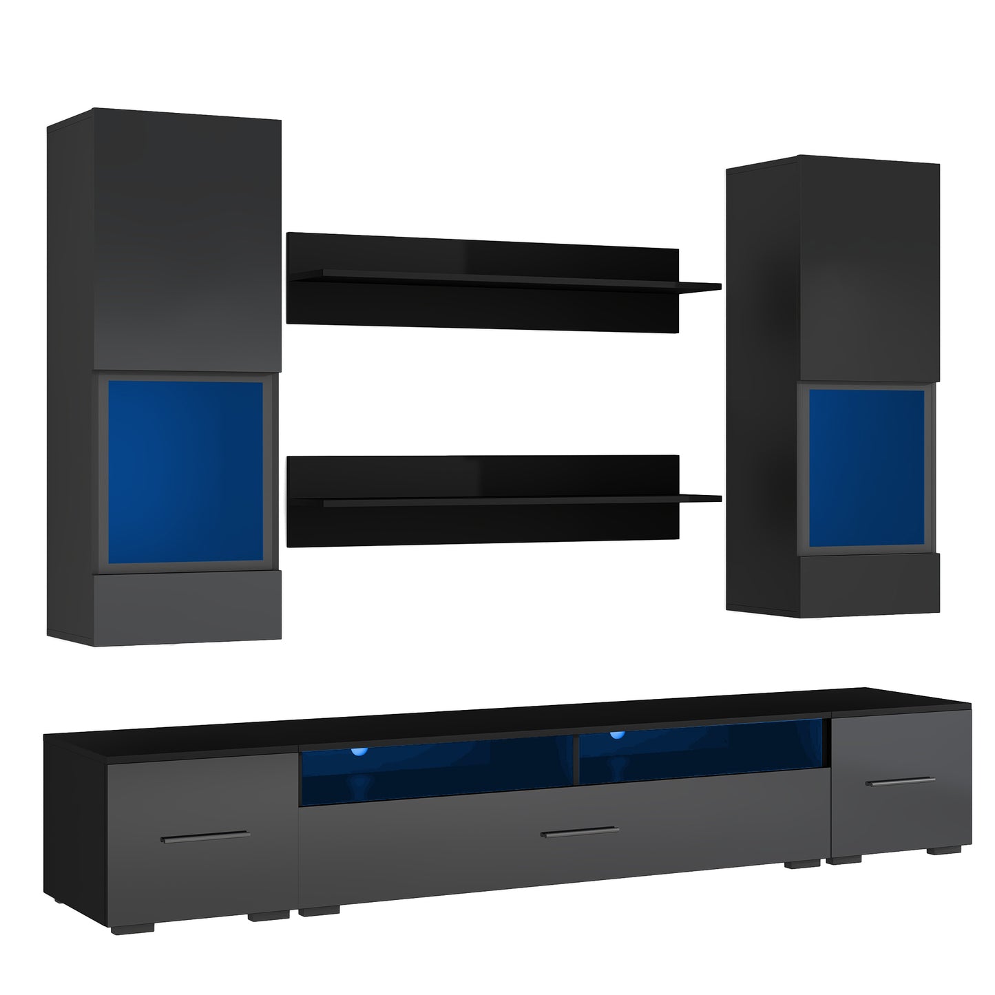 Jig High Gloss Minimalist Style 7 Pieces Floating TV Stand Set - Black