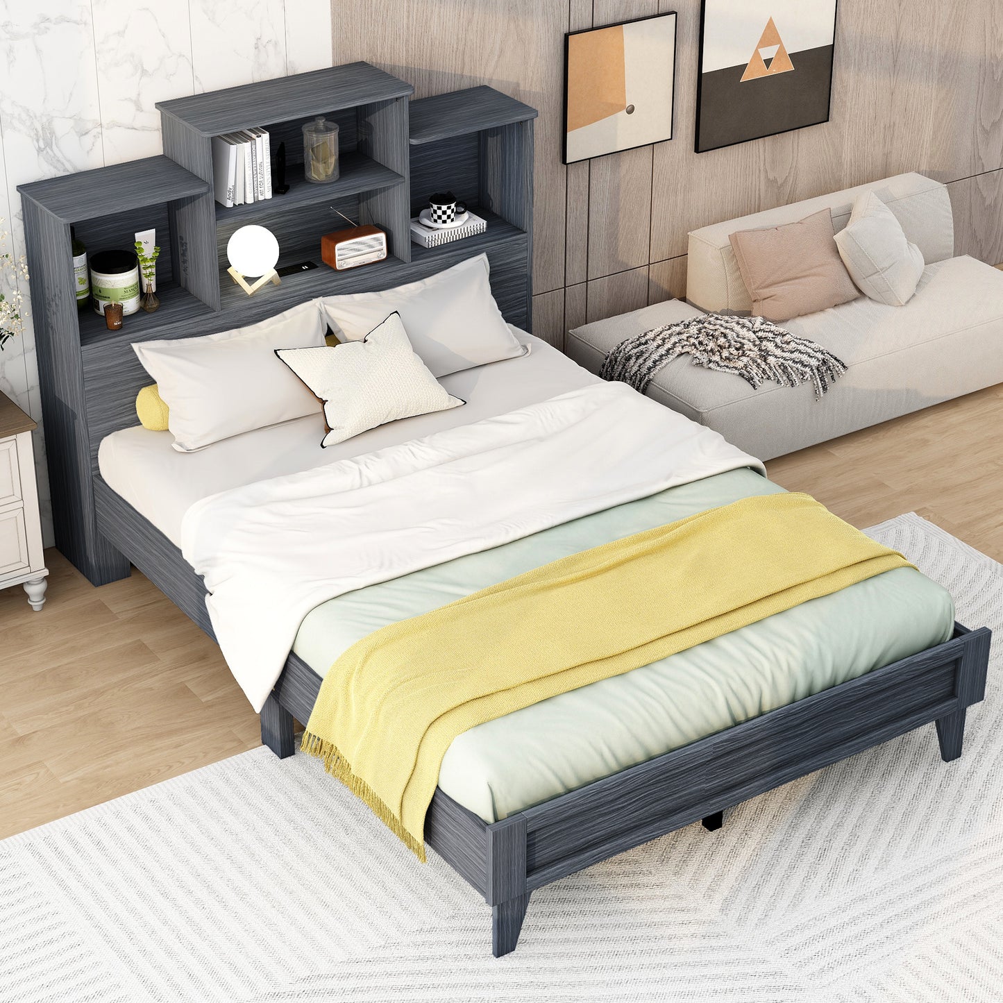 Taz Full Size Platform Bed Frame with 4 Open Storage Shelves - Gray