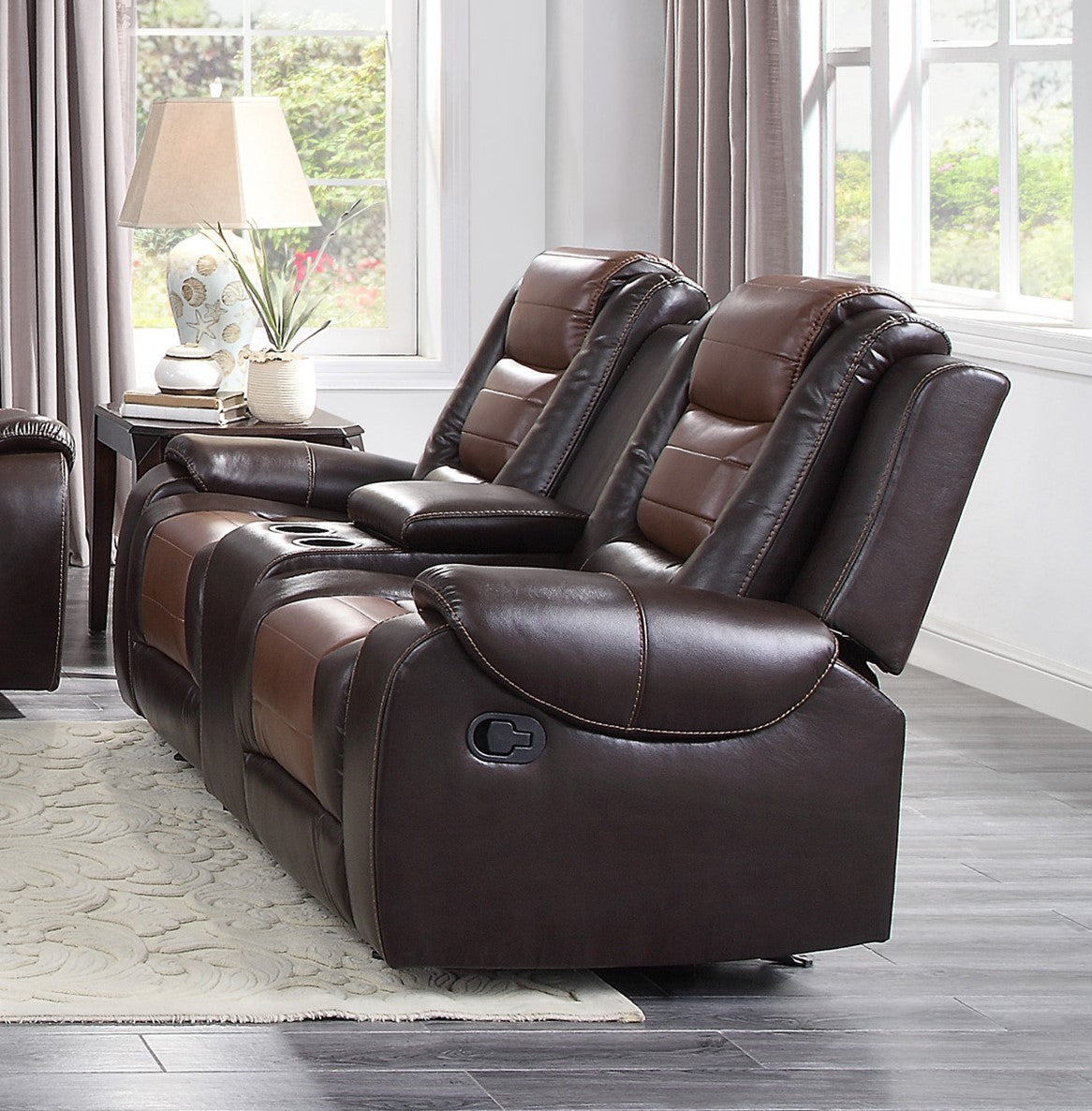 Lozano Loveseat Dual Glider Reclining with Center Console - Dark Brown+Light Brown