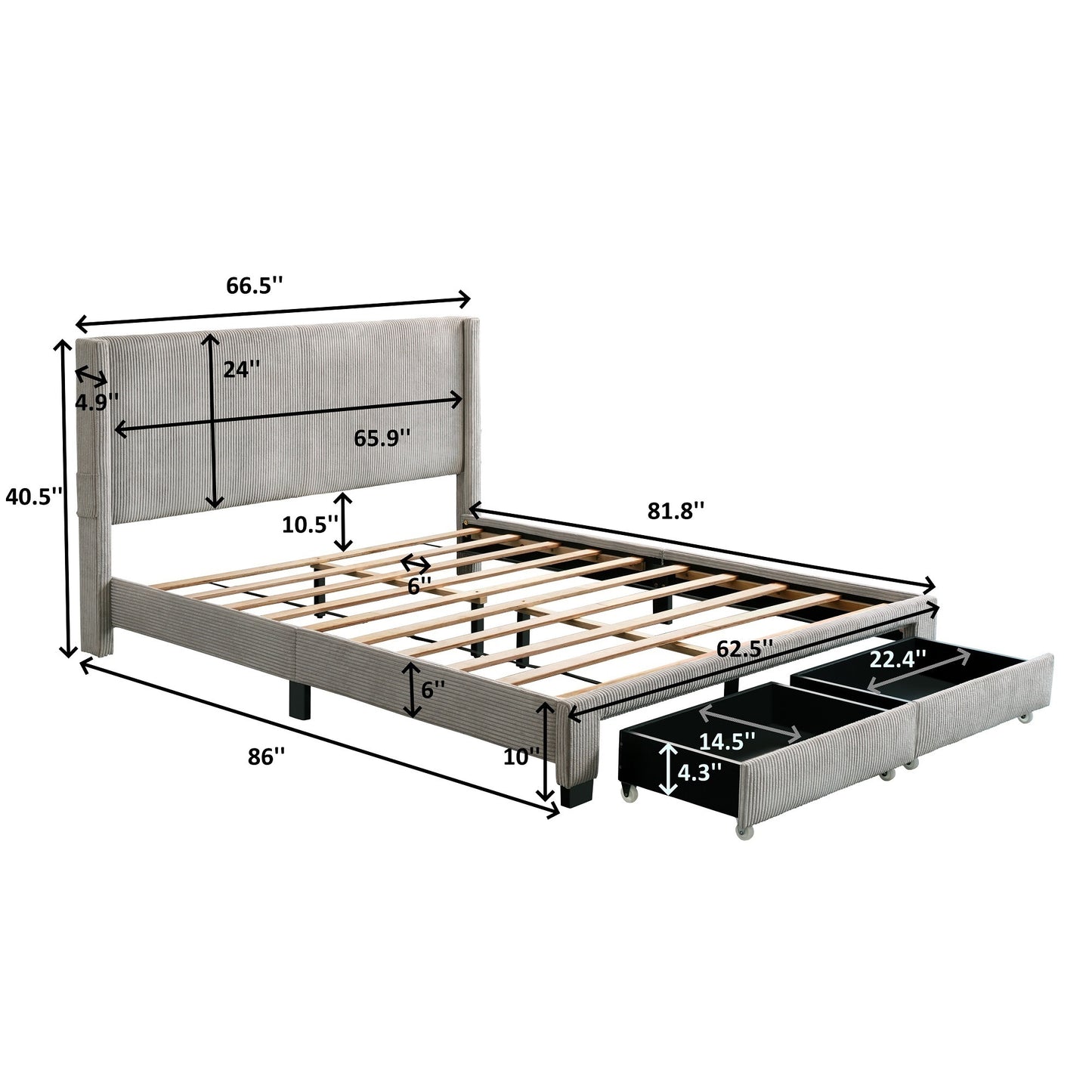 Huka Queen Size Platform Bed with Adjustable Height - Beige White