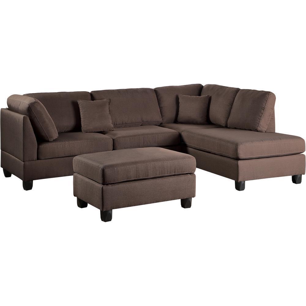 Esra 3pc Sectional Reversible Chaise Sofa And Ottoman - Chocolate