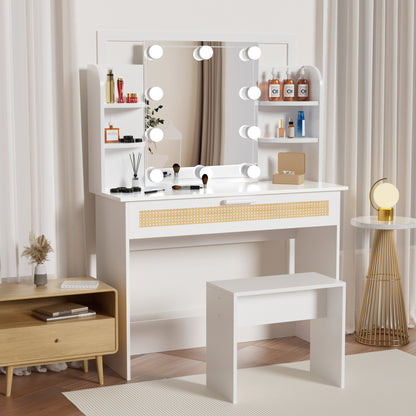 Brooks II Vanity Desk Set With LED Lighting Mirror - White