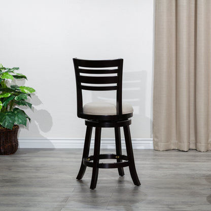 Counter Height Slat Back Swivel Stool, Espresso Finish, Beige Fabric Seat