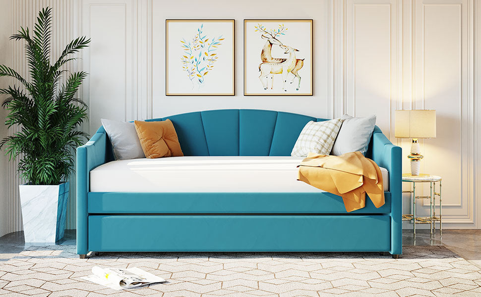 Travis Twin Size Upholstered Daybed with Trundle - Blue