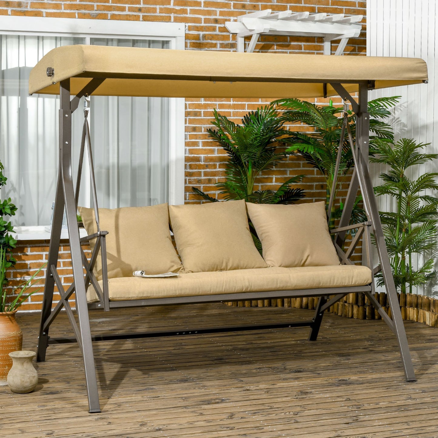 Merda 3-Seat Patio Swing Chair with Canopy - Khaki