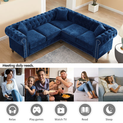 Nest Velvet Button Tufted L-shaped Sofa - Blue