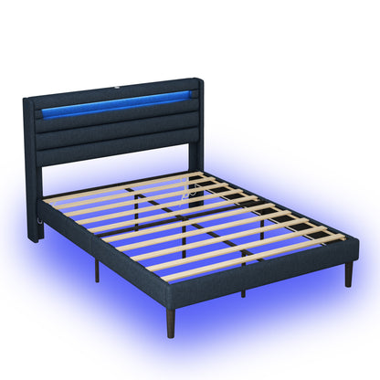 H1 Queen Size Bedframe with LED - Dark Blue