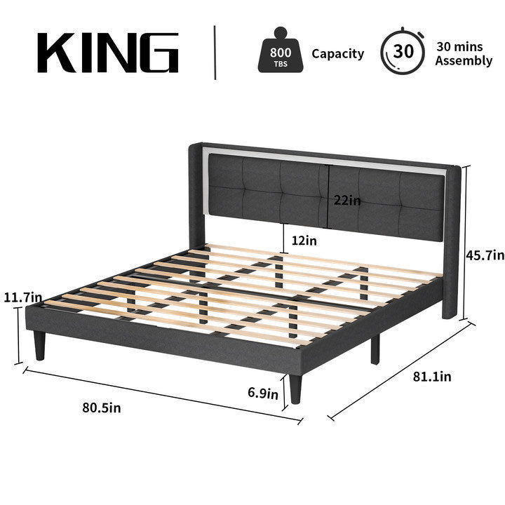 Vito King Size Platform Bed Frame - Dark Gray