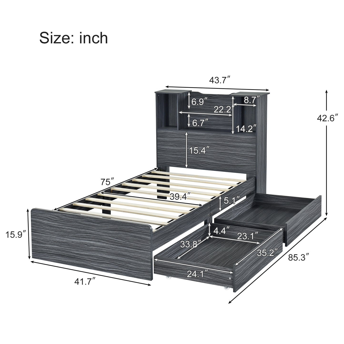 Taz Twin Size Platform Bed Frame with 4 Open Storage Shelves - Gray