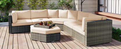 Keva 6 Pc Outdoor Rattan Wicker Half-Moon Sectional Sofa Set - Beige