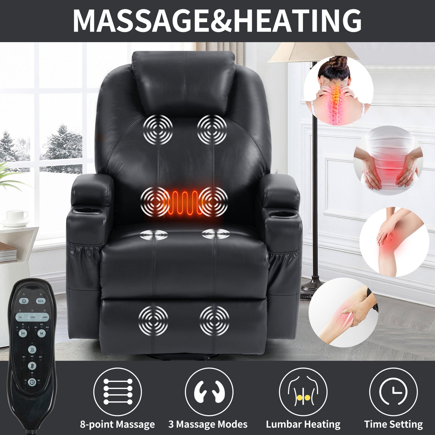 Adell Power Lift Recliner Chair with Heat and Massage - Black