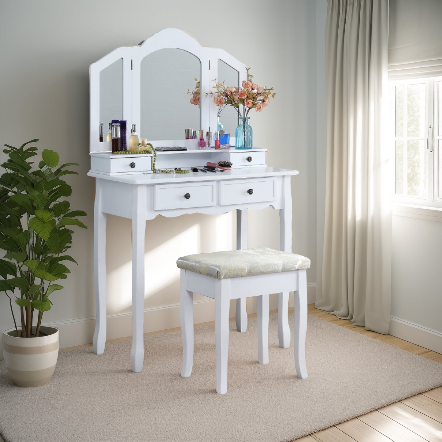 Sanlo Wooden Vanity Make Up Table and Stool Set - White