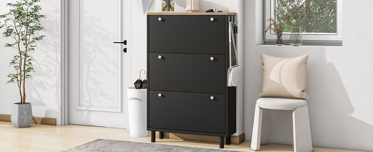 Bio Shoe Cabinet with 3 Flip Drawers - Black