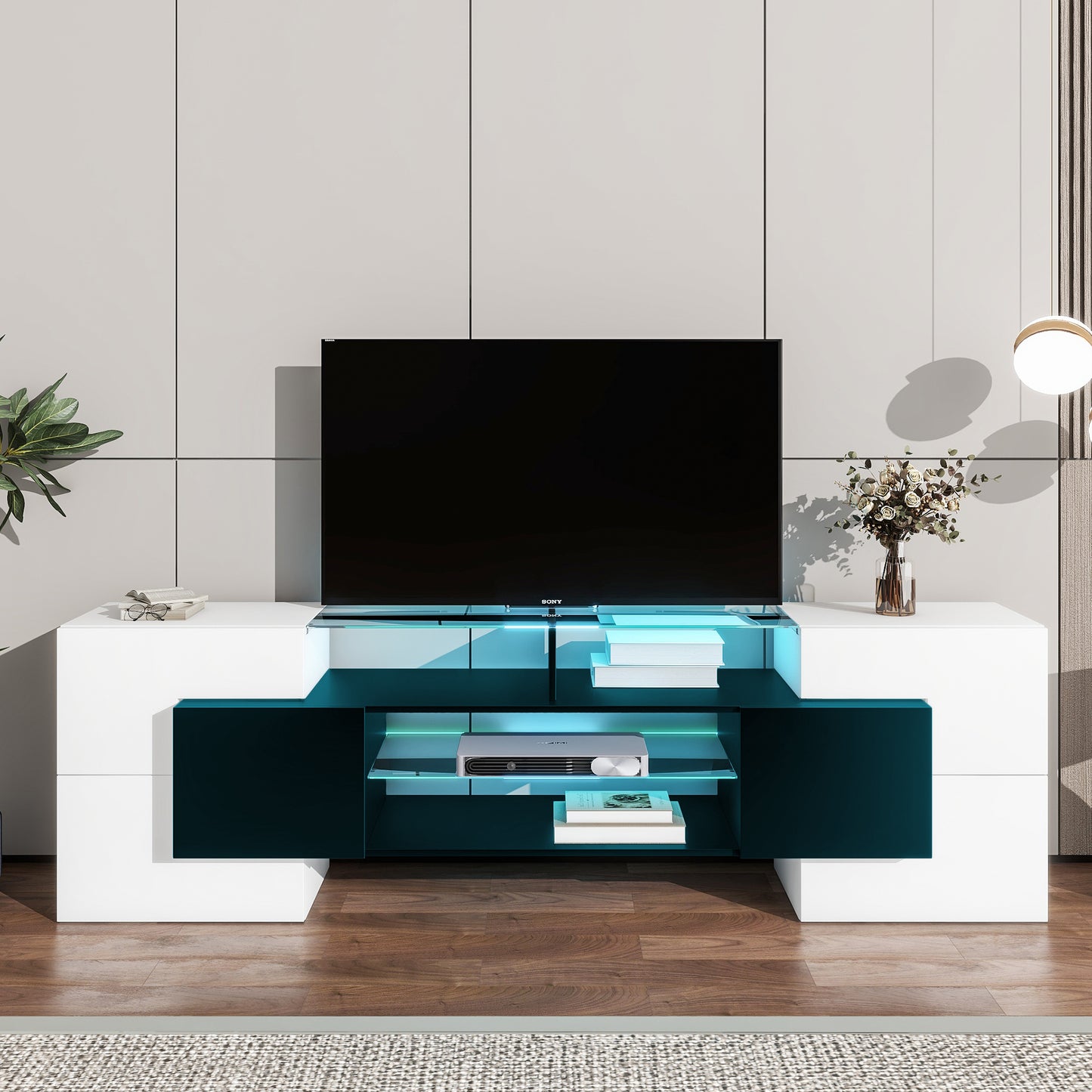 Trax TV Stand with 2 Illuminated Glass Shelves - White+Black