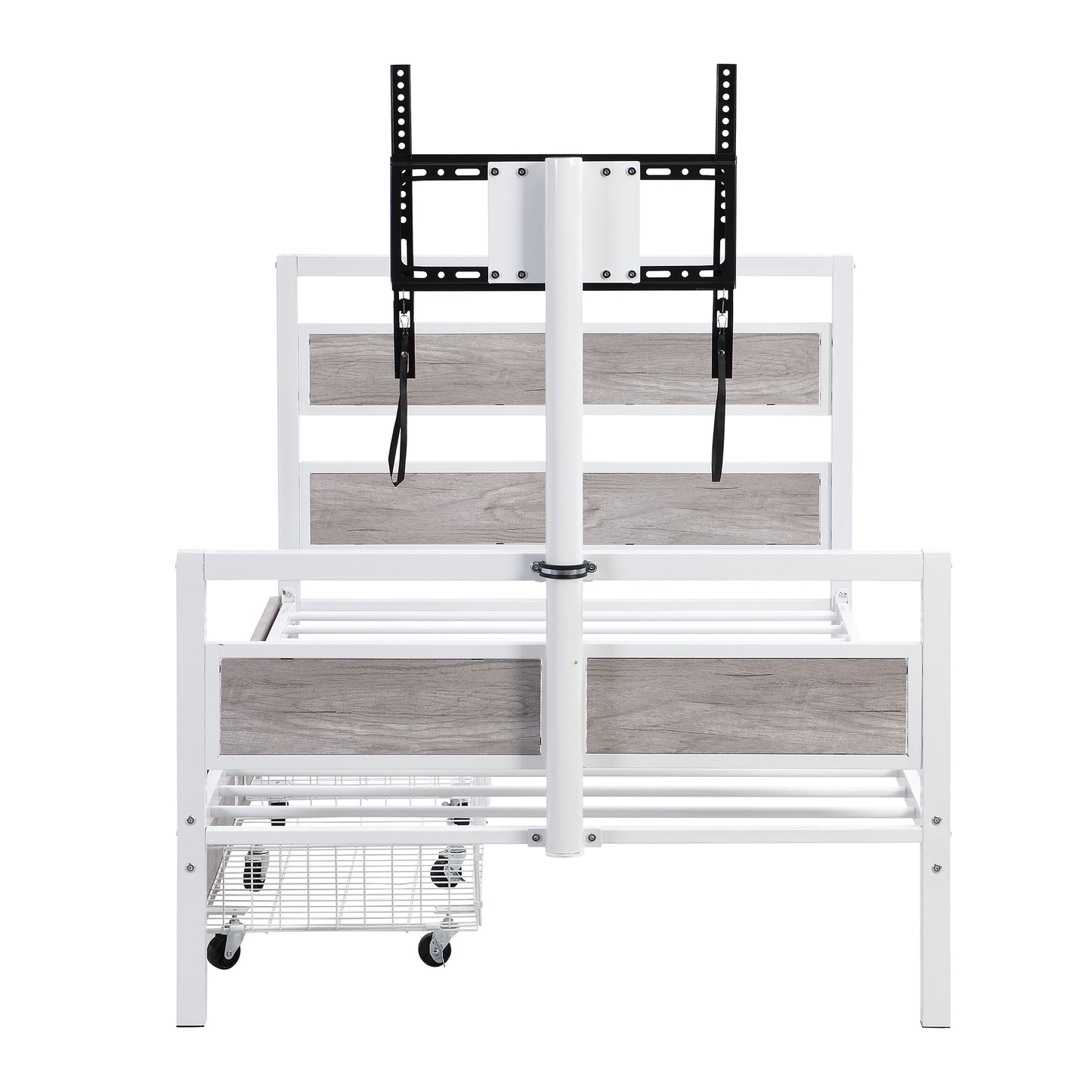 Rosy Twin Size Metal Platform Bed w Rotatable TV Stand - White