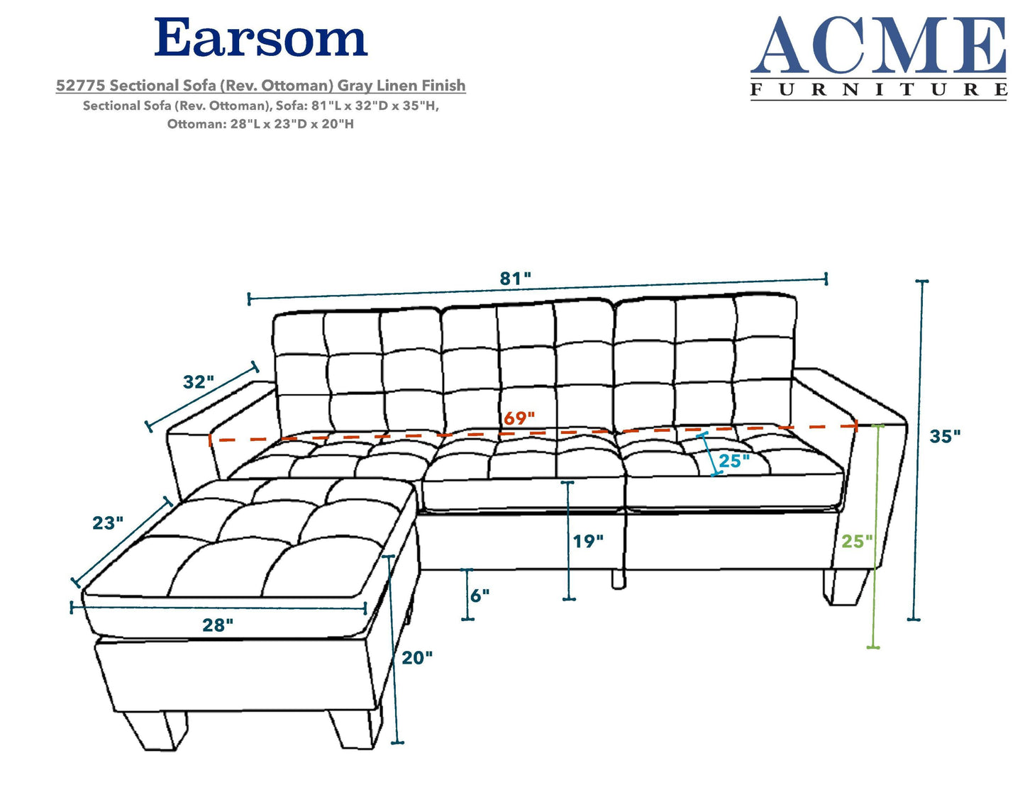 Aiden Sectional Sofa (Chaise) - Gray