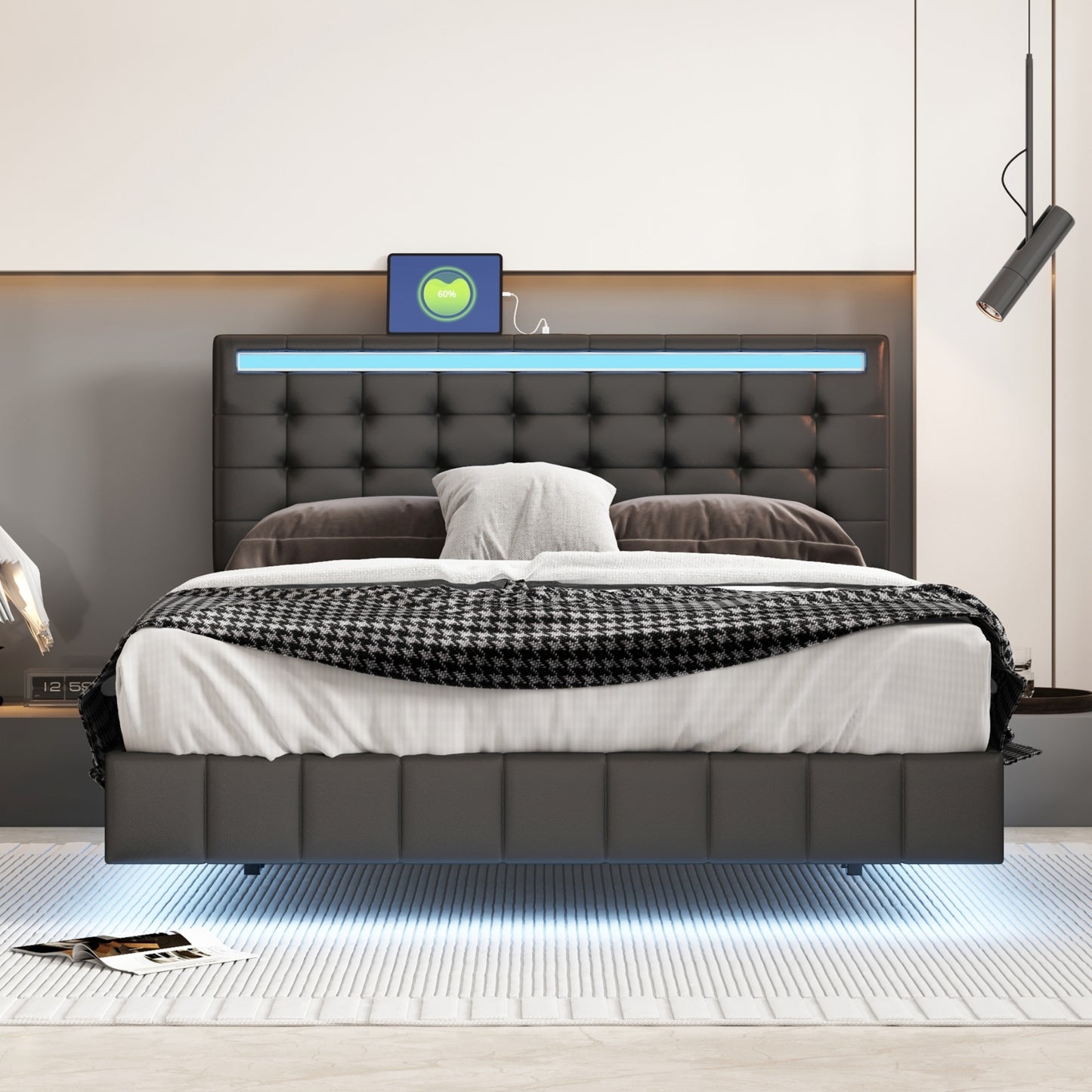 Marc Queen Size Floating Bed Frame with LED - Black