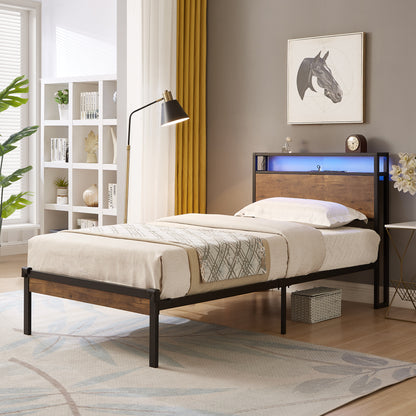 Fusco Twin Size Platform Bed Frame - Black+Brown