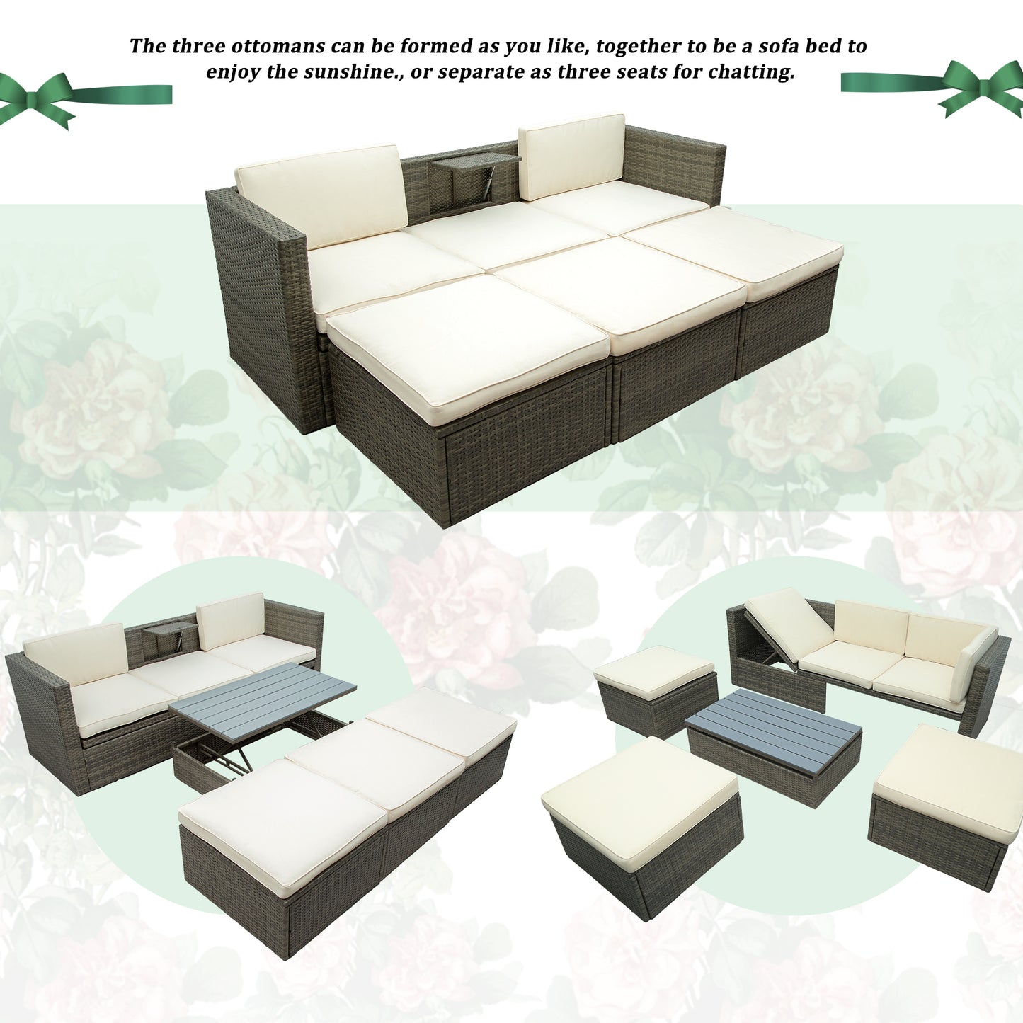 Ocie 5 Pc Outdoor Patio Rattan Sectional Sofa Set - Beige