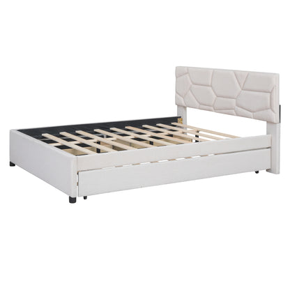 Brick Queen Size Platform Bed with 2 drawers and Twin Size Trundle - Beige