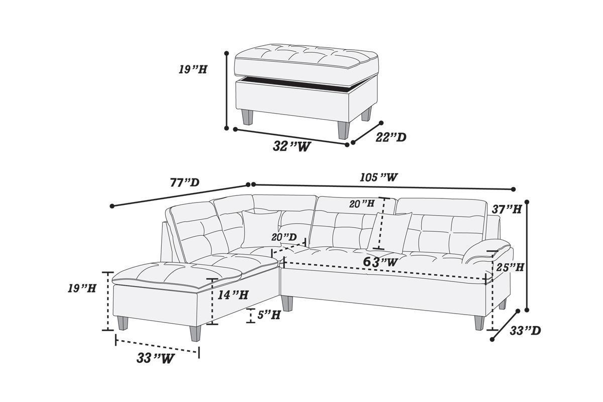 Lar Sectional Fabric Sofa w Ottoman - Black