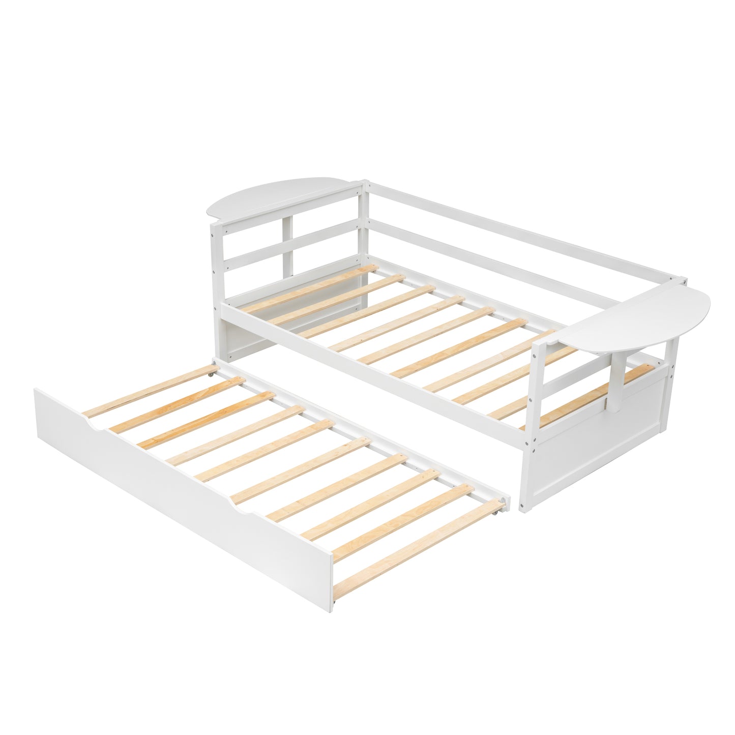 Tumo Twin Size Daybed with Trundle and Foldable Shelves - White