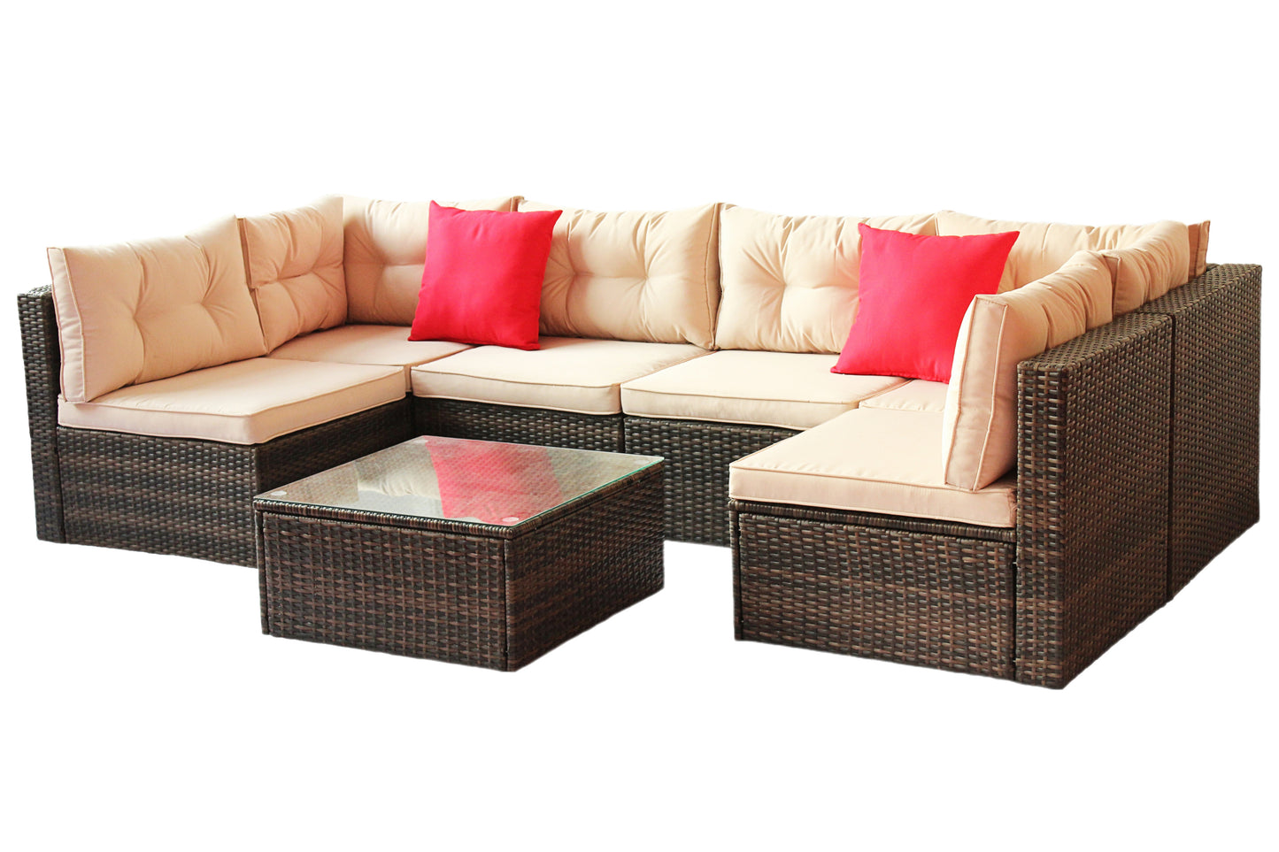 Charlton 7 Pc Outdoor Patio Rattan Sectional Sofa Set - Coffee