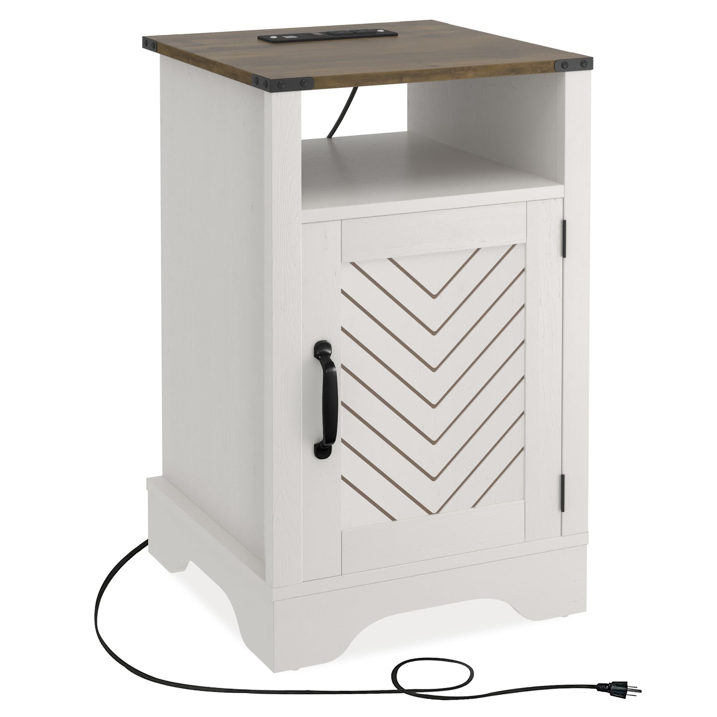 X Wooden Nightstand  with Electrical Outlets Charging Station  (2 Sets) - White & Oak