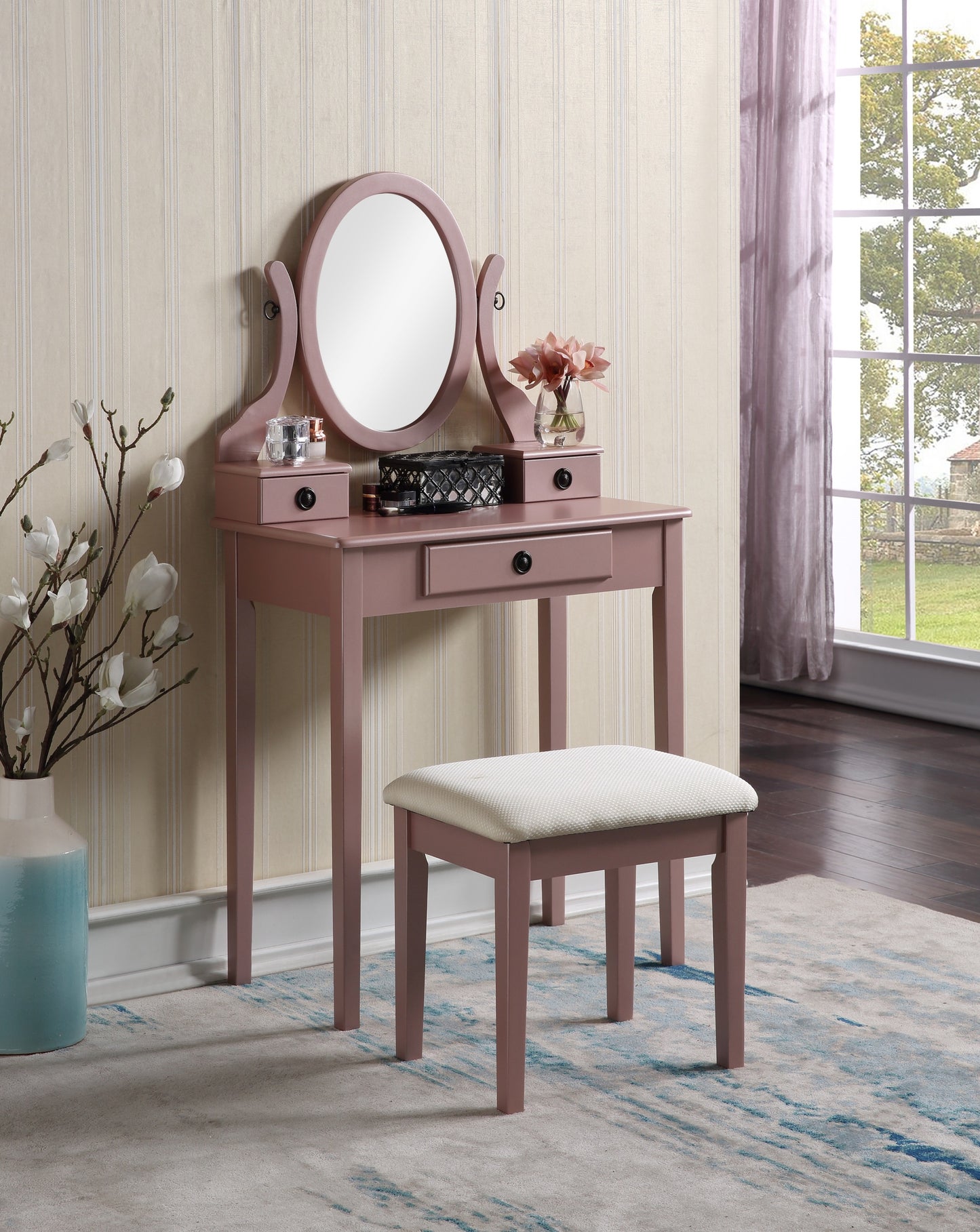 Moniya Makeup Vanity Table and Stool Set - Rose Gold