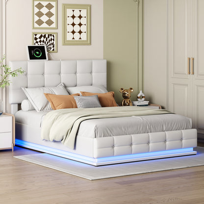 Luxury Dream Queen Bed with Smart Storage and LED Illumination - White