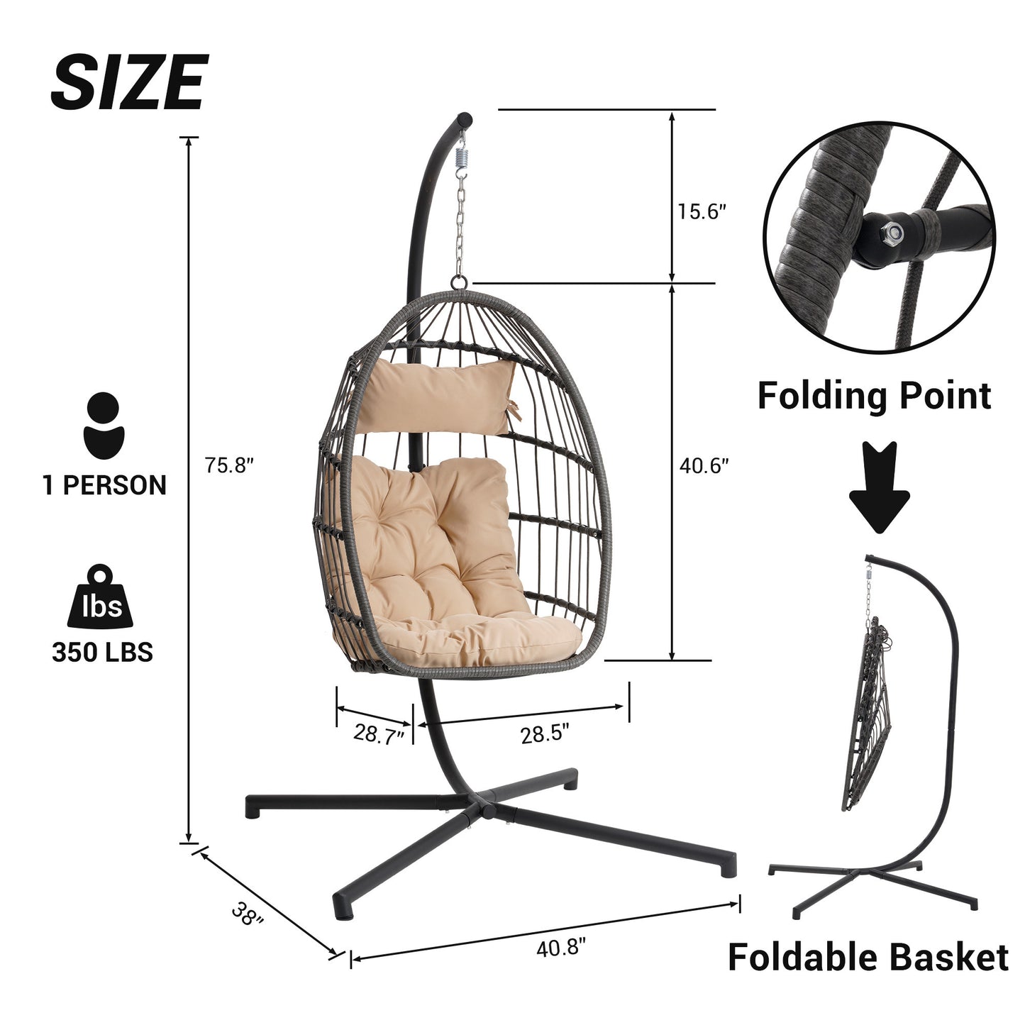 Feji Outdoor Rattan Egg Swing Chair with Stand - Khaki